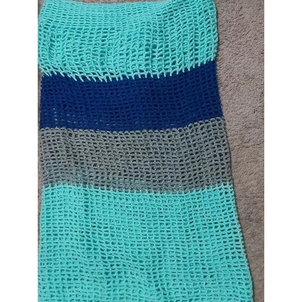 Crochet Quilt Throw Blanket Aqua/Gray/Blue 92L x 46W Comfy Cozy Winter Granny